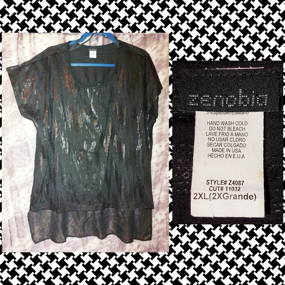 Zenobia brand Black w/Sequins Hi-Lo Knit & Woven Top Jrs Plus Sz 2X